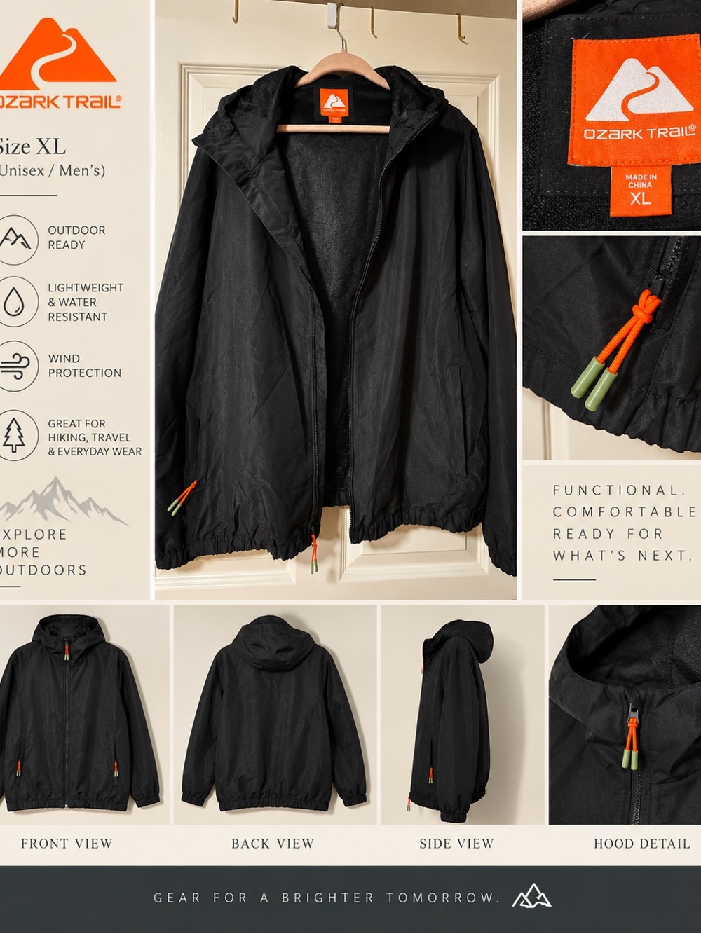 Ozark Trail Black Hooded Lightweight Windbreaker with Orange Accents